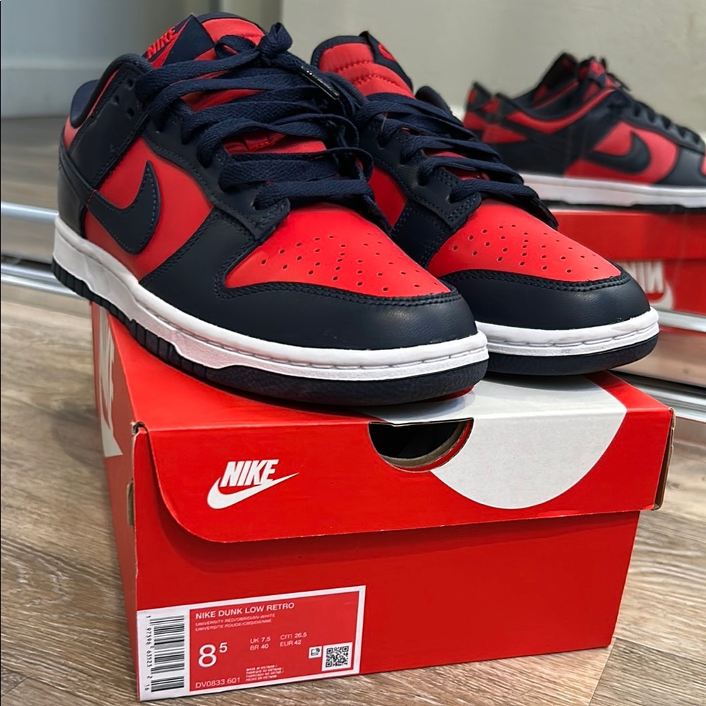 Nike Red and Navy Dunk Low Retro Sneakers Classic Design